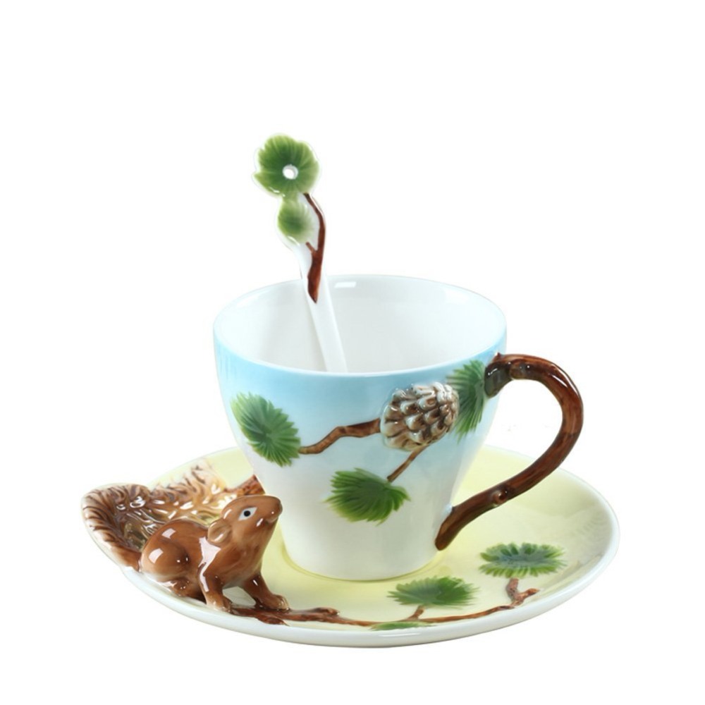 3D Squirrel Hand-painted Enamel Coffee Cup And Saucer Spoon Set Cup Couples Of Coffee Tea Cup Animal Drinkware