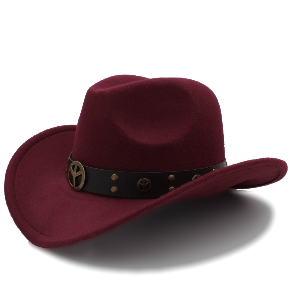 Men Wool Hollow Western Cowboy Hat for Gentleman Cowgirl Jazz Equestrian Sombrero Hombre Cap Size 56-58cm: Wine red