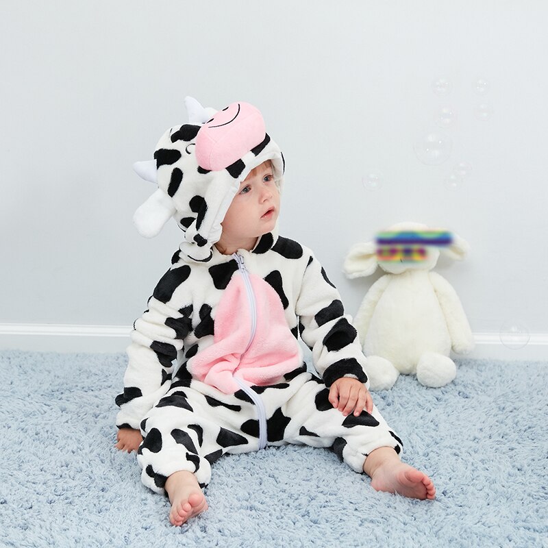 Purim halloween kostymer baby takrenne jenter tegneserie dyr melk ku kostyme onesie kigurumi spedbarn småbarn romper jumpsuit flanell