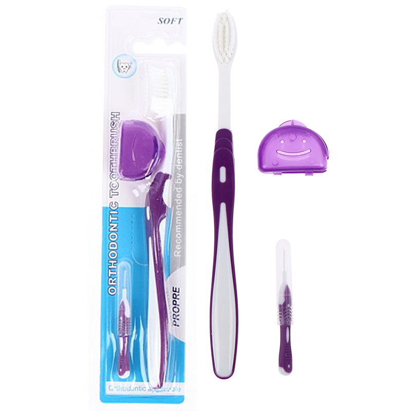 Cepillo de dientes en forma de V para adultos, con funda, Juego de cepillos interdentales, Kit de cepillo de dientes de hilo Dental, limpieza bucal: Morado