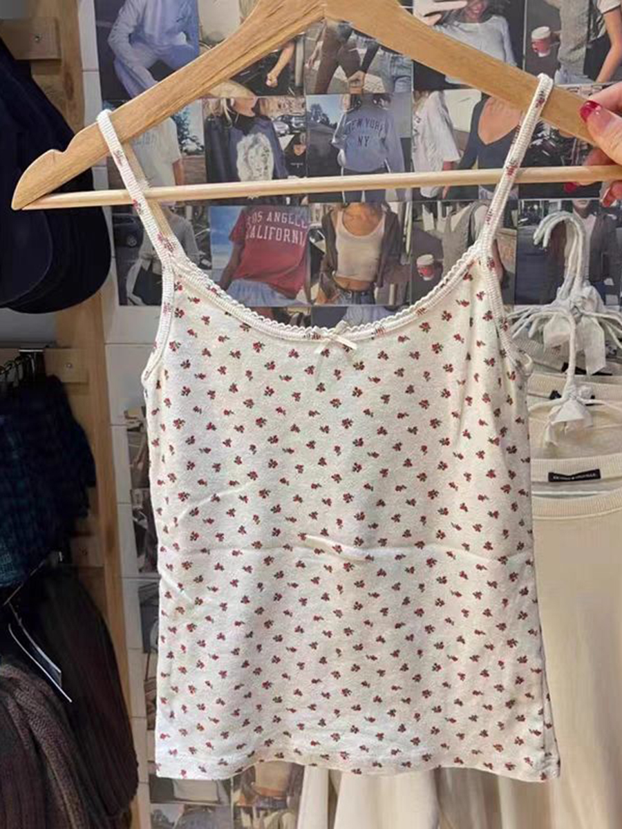Jahrgang braune Blumen schleife Ernte oben Frauen Sommer Baumwolle ärmellose Aushöhlung Westen Kleidung amerikanische süße schlanke Tanktops y2k: Hellgrün