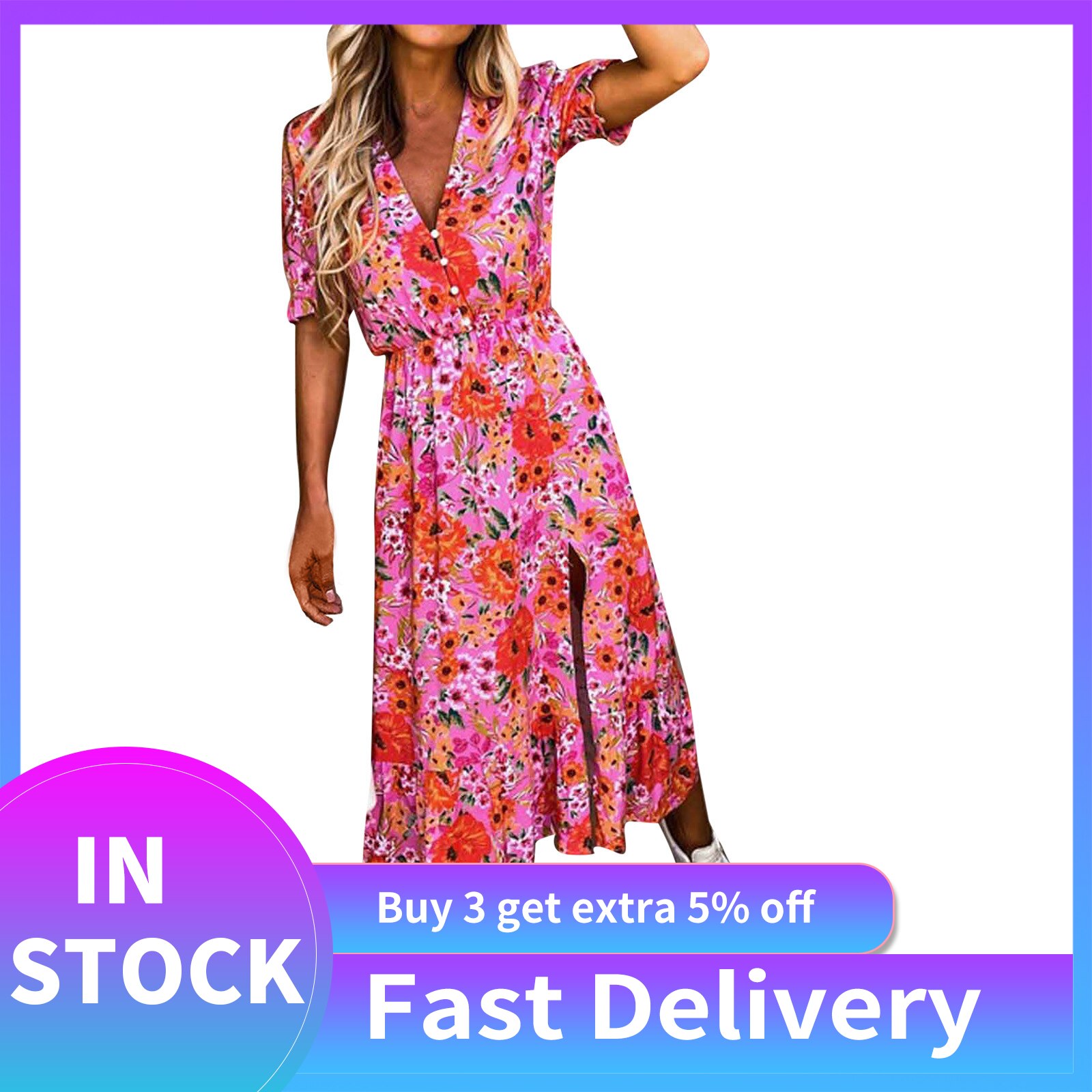 Jurken Plus Size Vrouw Zomer Tie-Dye Bloem Print Korte Mouw V-hals Taille Split Jurk Zomerjurk Vestido de Mujer