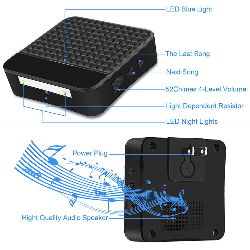 Timbre inalámbrico portátil para el hogar, luz LED resistente al agua, 52 tonos de llamada, volumen ajustable, ahorro de energía, para Hotel