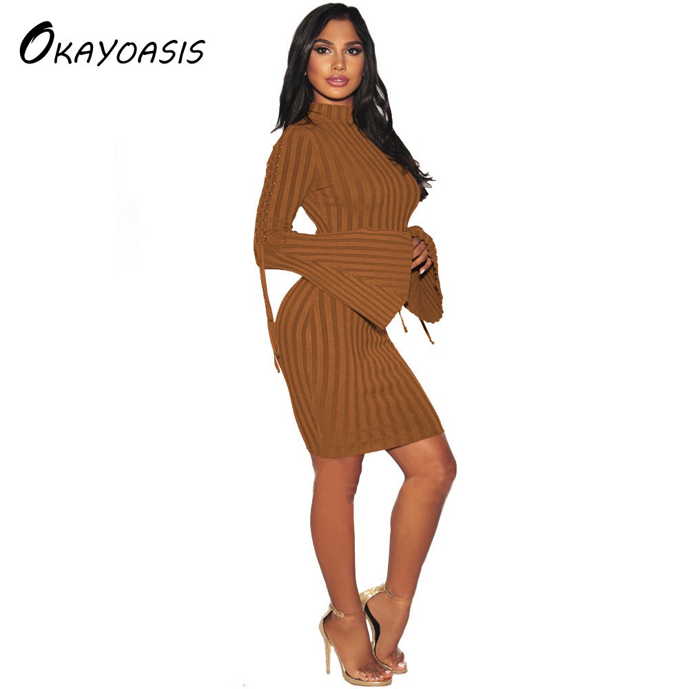 OKAYOASIS Freies Strick Jahrgang Kleid der Neuen frauen Herbst und Winter Bodycon Vestidos Langarm Rollkragen Kleid