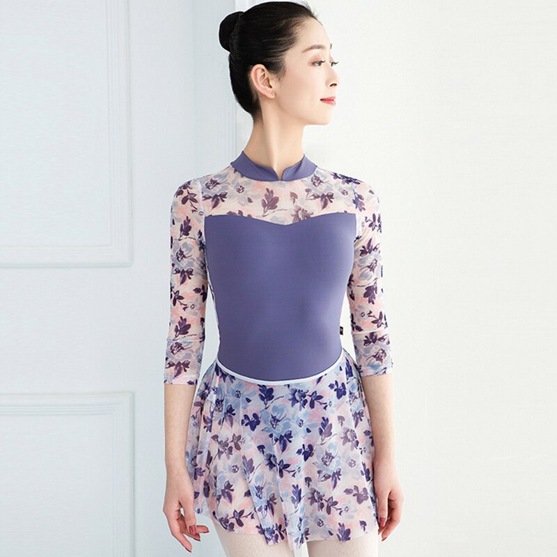 Ballet Leotard Adult Gymnastic Leotard Ballerina Floral Ballet Leotards for Women Long Sleeve Ballet Dress Mesh Dance Skirt: leotard and skirt / M