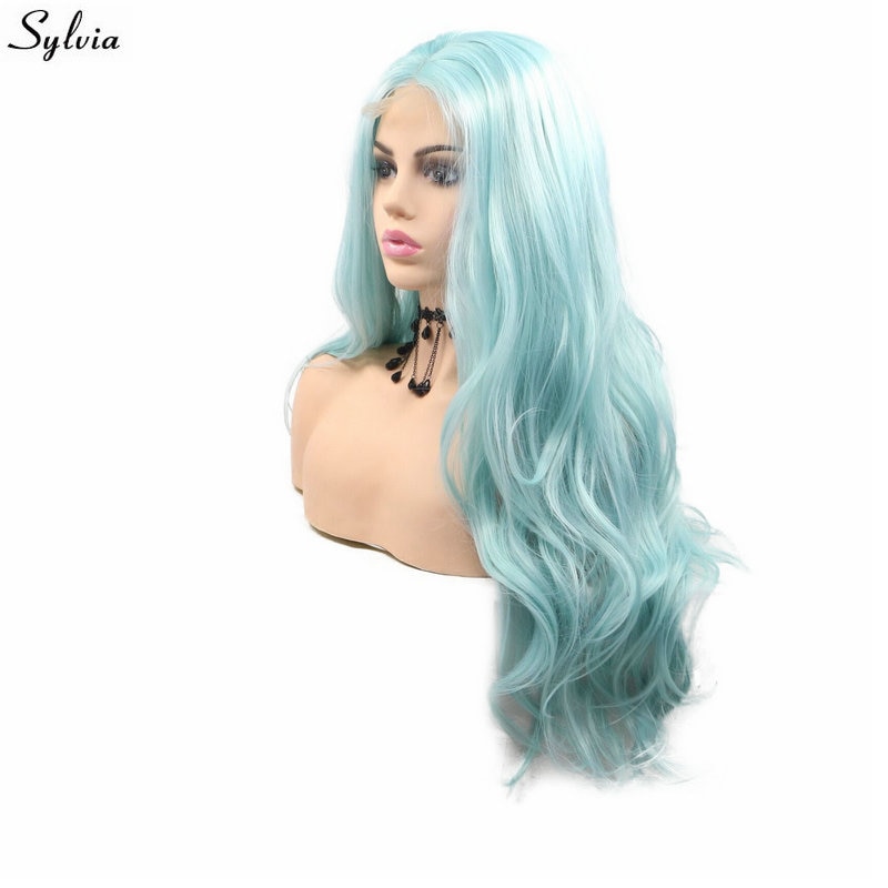 Sylvia Body Wave Pastel Blue Wig Heat Resistant Synthetic Hair U-Lace Front Wigs For White Women Mixed Color Drag Queen Makeup