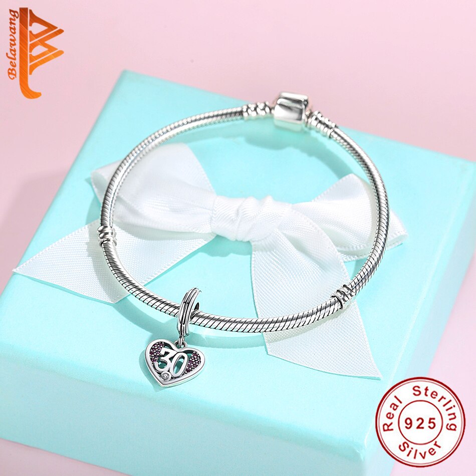 BELAWANG European 100% 925 Sterling Silver Heart 30 Years Age CZ Charms Fits Brand Bracelets Pendant For Women DIY Fine Jewelry