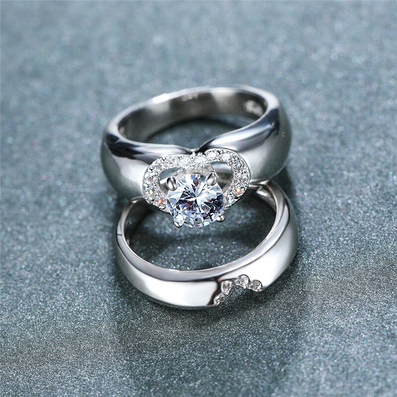 Luxus Weibliche Weiße Runde Kristall Ring einstellen zierlich Silber Farbe Hochzeit Ringe Für Frauen Versprechen Herz Hohl Engagement Ring