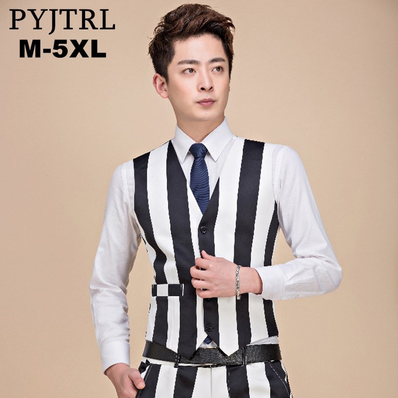 PYJTRL-Gilet de costume pour homme, à rayures noires et blanches, grande taille 5XL, Gilet pour boîte de nuit DJ chanteur de scène, décontracté