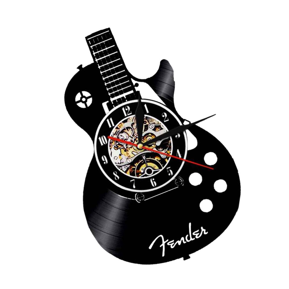 1pc Wall Clock Chic Decorative Wall Clock Vinyl Record Wall Clock Living Room Wall Hanging Clock Guitar Shape Wall Clock