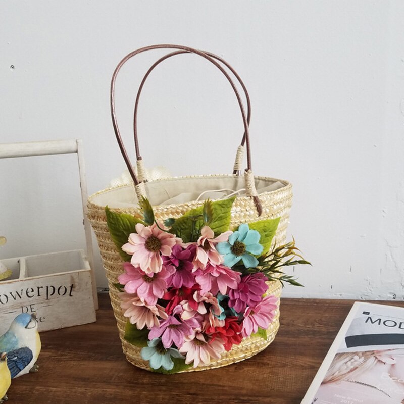 Korean Vintage Style Women Straw Bag Drawstring Beach Tote Bag Artificial Flower Woven Handbag Flower Bags With Rattan Handle: Default Title