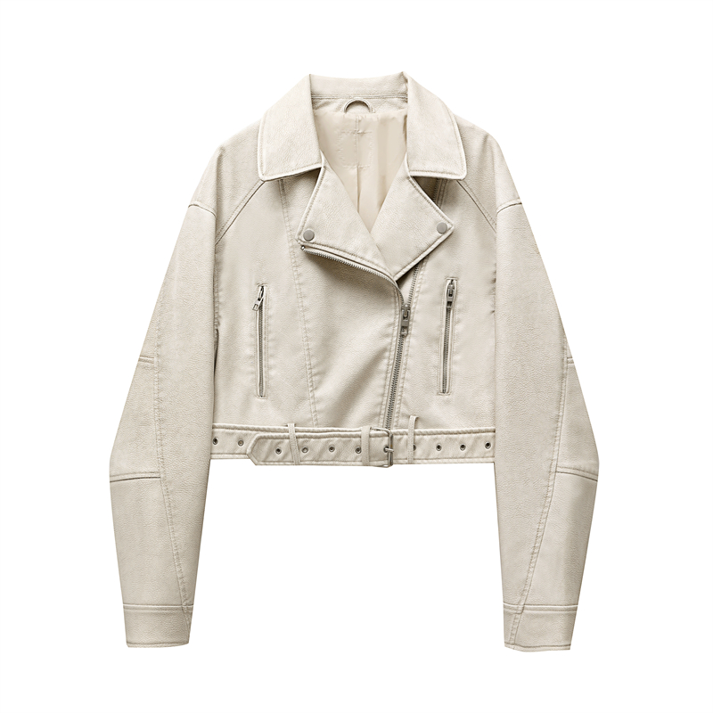 ZVRI 2024 Chaqueta corta Vintage holgada de piel sintética con cinturón para mujer, ropa de calle con cremallera para mujer, abrigo Retro para motociclista, prendas de vestir, Tops: S / Blanco