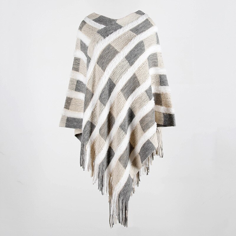 Autumn winter striped Cloak shawl Pullover knitted sweaters women Fringed cloak shawl Fur shawl fringed cape knit sweaters women: Beige
