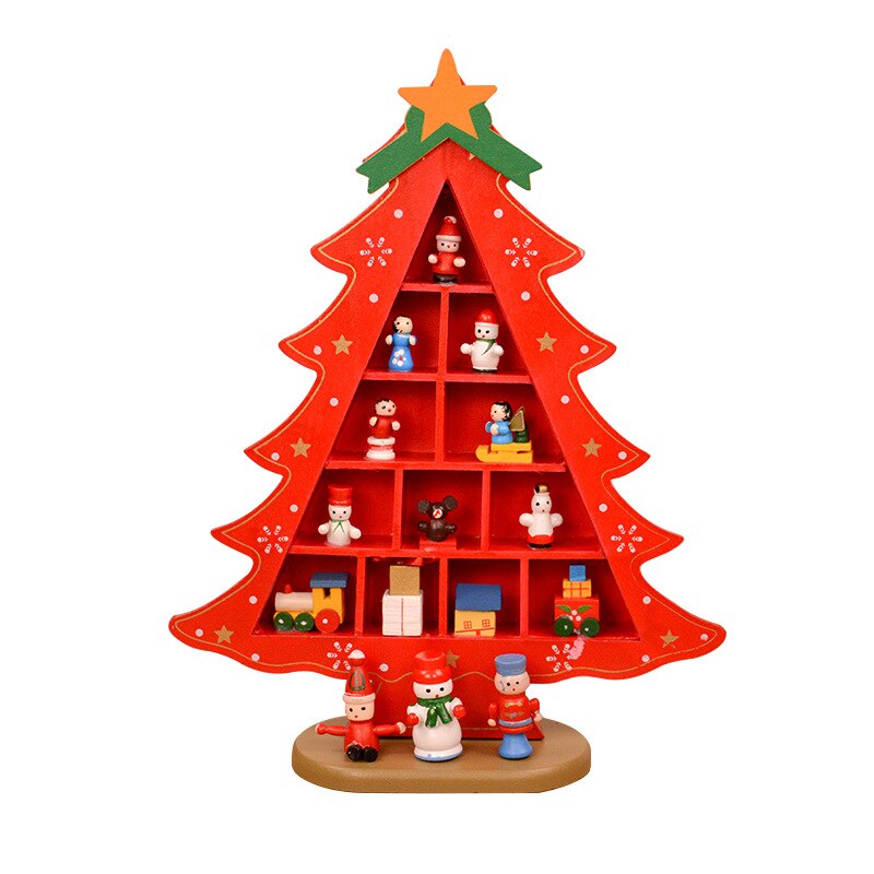 Christmas Decorations Wooden Christmas Tree Scene Layout Ornaments Three-dimensional Red Xmas Table Desktop Decoration