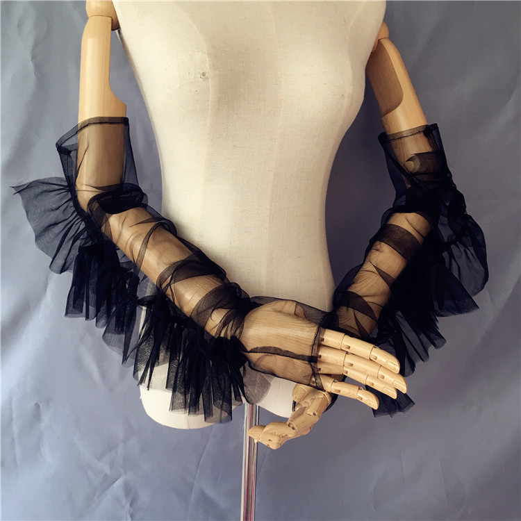 Gants sans doigts en Tulle à volants, manches longues, style Boho, accessoires de mariage DG143: Black