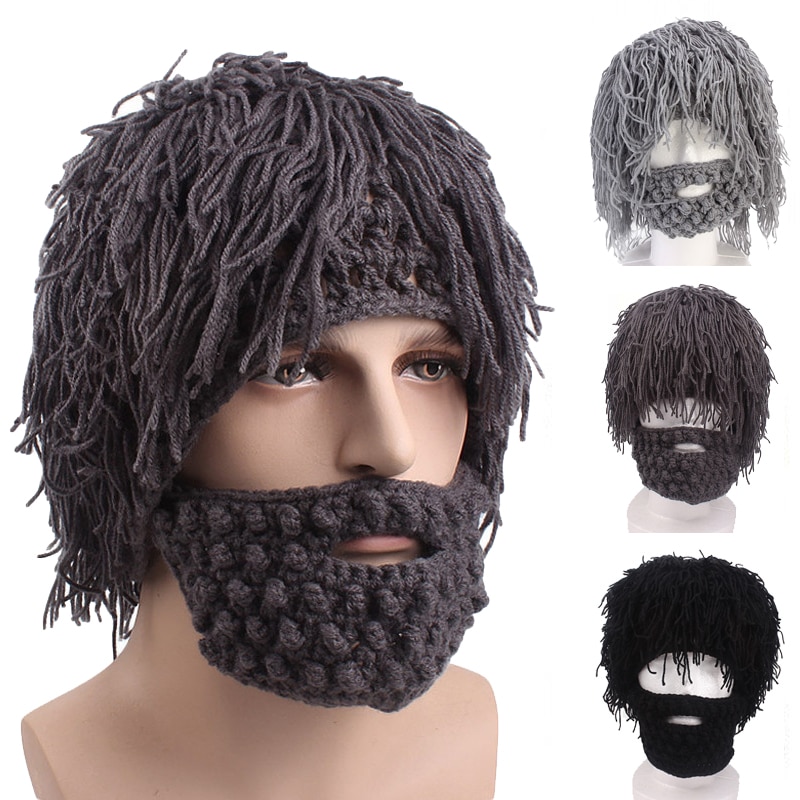 Vinter män handgjorda peruk skägg hattar virka mustasch sticka halloween fest roliga kepsar ansikte tofs cykel mask varm mössa