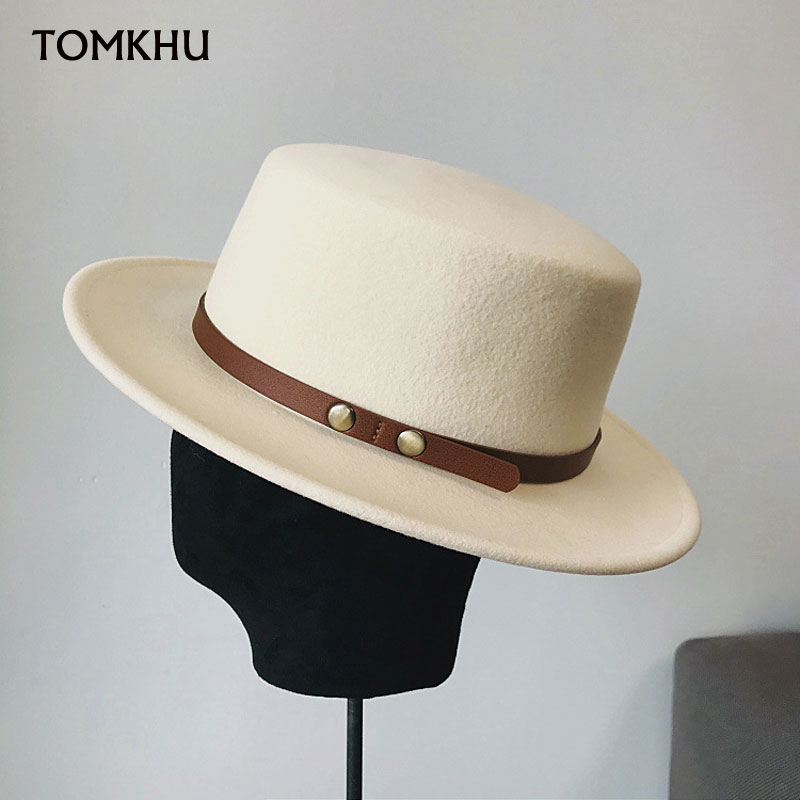 Winter Fahsion Hoeden Voor Vrouwen Fedora Met Riem Rond Wit Zwart Schipper Wol Hoed Porkpie Stijl Verstelbare Tovenaar