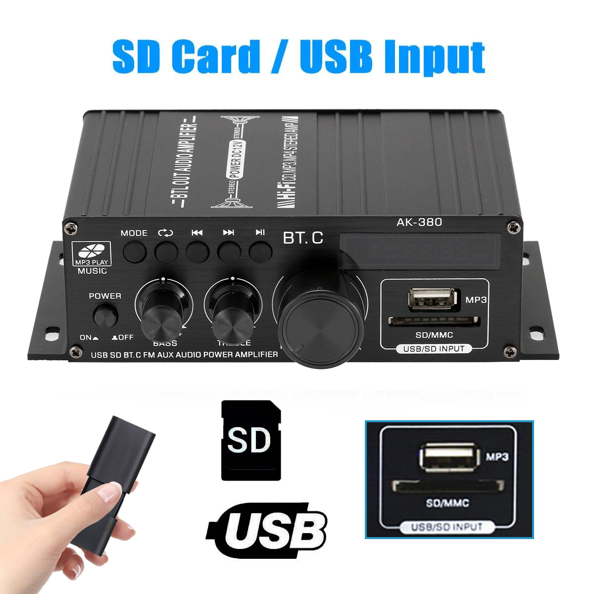 Amplificador Bluetooth AK380, 800W, Audio HiFi, Karaoke, cine en casa, 2 canales de potencia, Clase D, USB, SD, AUX,