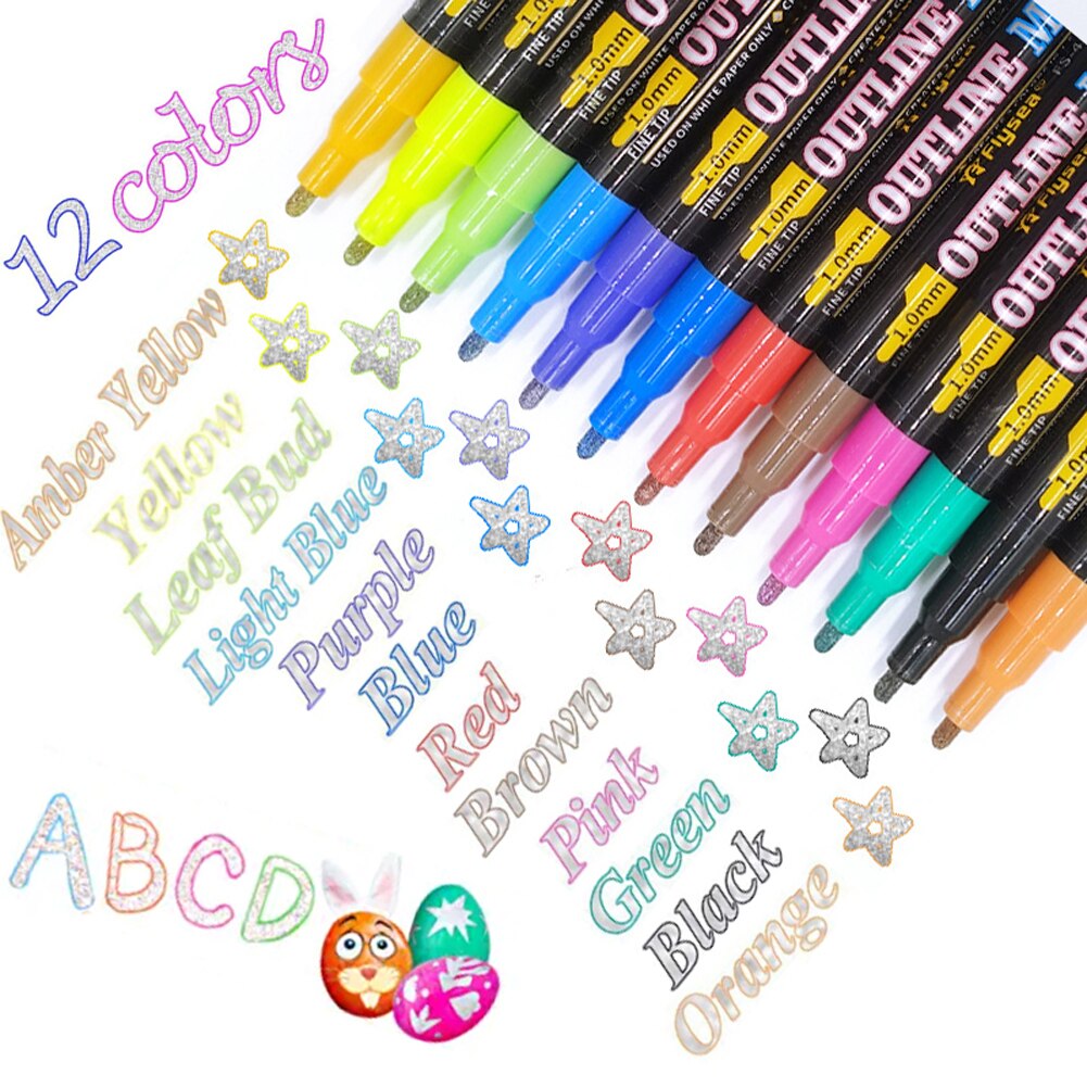 Dubbele Lijn Overzicht Pennen, 12/18 Kleuren Self-Outline Metallic Markers Glitter Outline Pennen Schrijven Tekening Pennen Doodle Verblinden Pen: 12PCS 1 set Silver