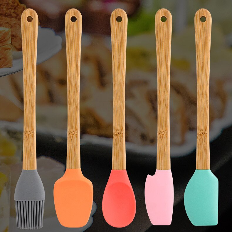 5 Stks/set Mini Siliconen Spatel Siliconen Spatel Cake Spatel Siliconen Borstel Roze En Licht Kleur Bamboe Handvat Barbecue Tool: Default Title