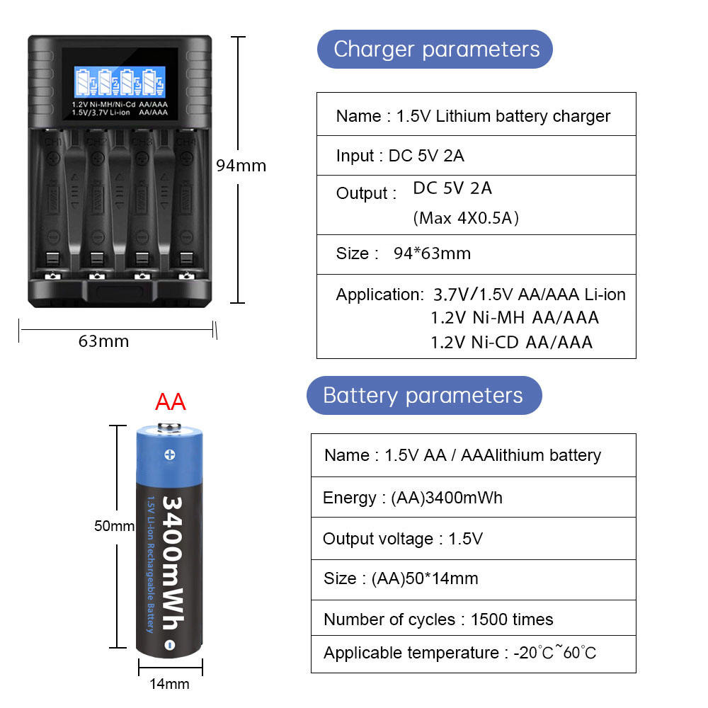 Batería recargable AA de iones de litio para juguetes, pila AA de 1,5 V, 3400mWh, 1,5 V, 1,5 V
