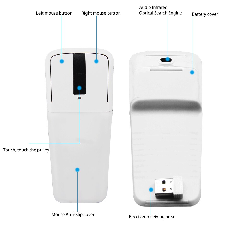 1600 DPI USB Wireless Mouse Foldable Arc Touch Mouse with Mouse Bag Ultra-slim Ergonomical Mute Mice for Surfacebook Laptop PC