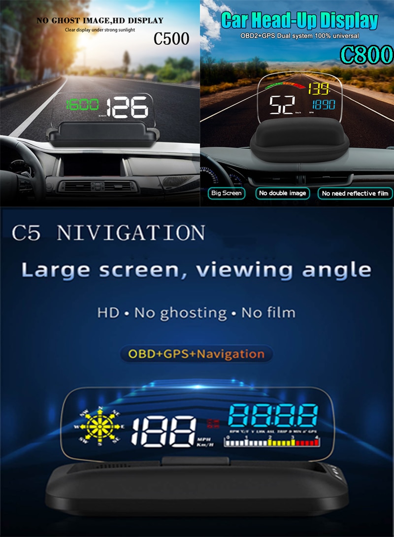 Navigation  c5 hud head up display obd 2 gps dobbelt system  c800 obd 2 gps hud  c500 obd 2 projektor sikkerhed vand temp hastighed
