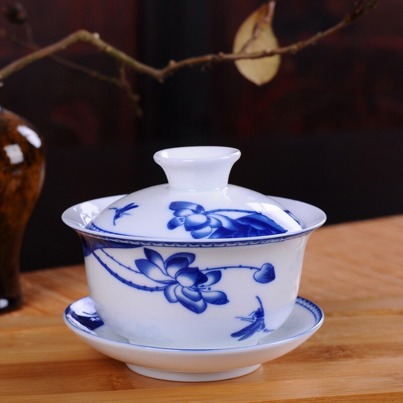 Hvid porcelæn blå og hvid keramisk gaiwan te sæt kaffekop, kinesisk rejse te sæt, drinkware jingdezhen kop: 06