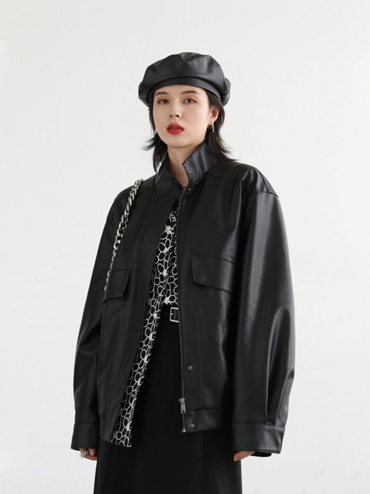 Lautaro-oversized PU-leren jas voor dames, verlaagde schouder, lange mouw, ritssluiting, bruin, zwart, cool, unisex kleding, lente: XXL / Black
