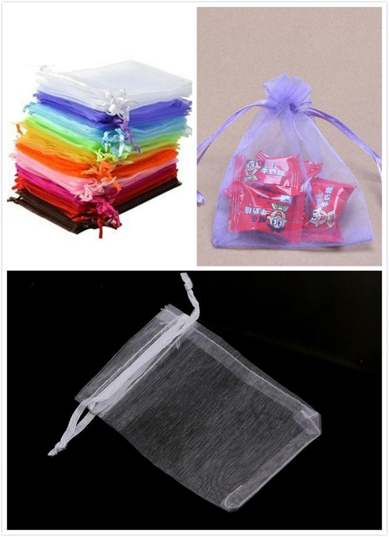 50 st 9*12cm organza påsar med dragsko för bröllopsväskor smyckespåsar (slumpmässig färg)