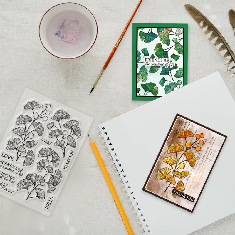 1 hoja de sellos transparentes con texto de bendición de hojas de Ginkgo para hacer tarjetas, sellos transparentes de hojas de otoño, sellos transparentes para bricolaje
