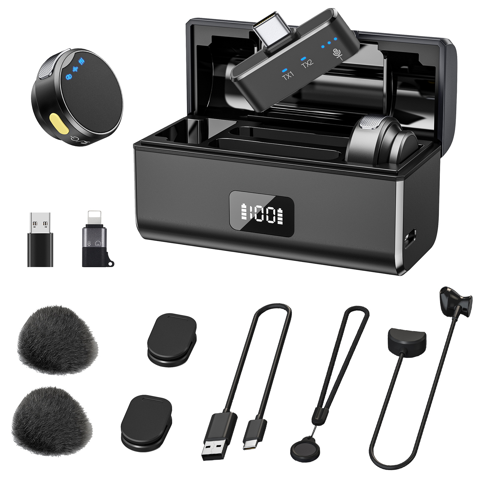 Microfono Lavalier Wireless con scatola di ricarica riduzione del rumore magnetico microfono professionale con risvolto per la registrazione in Studio dal vivo: Black