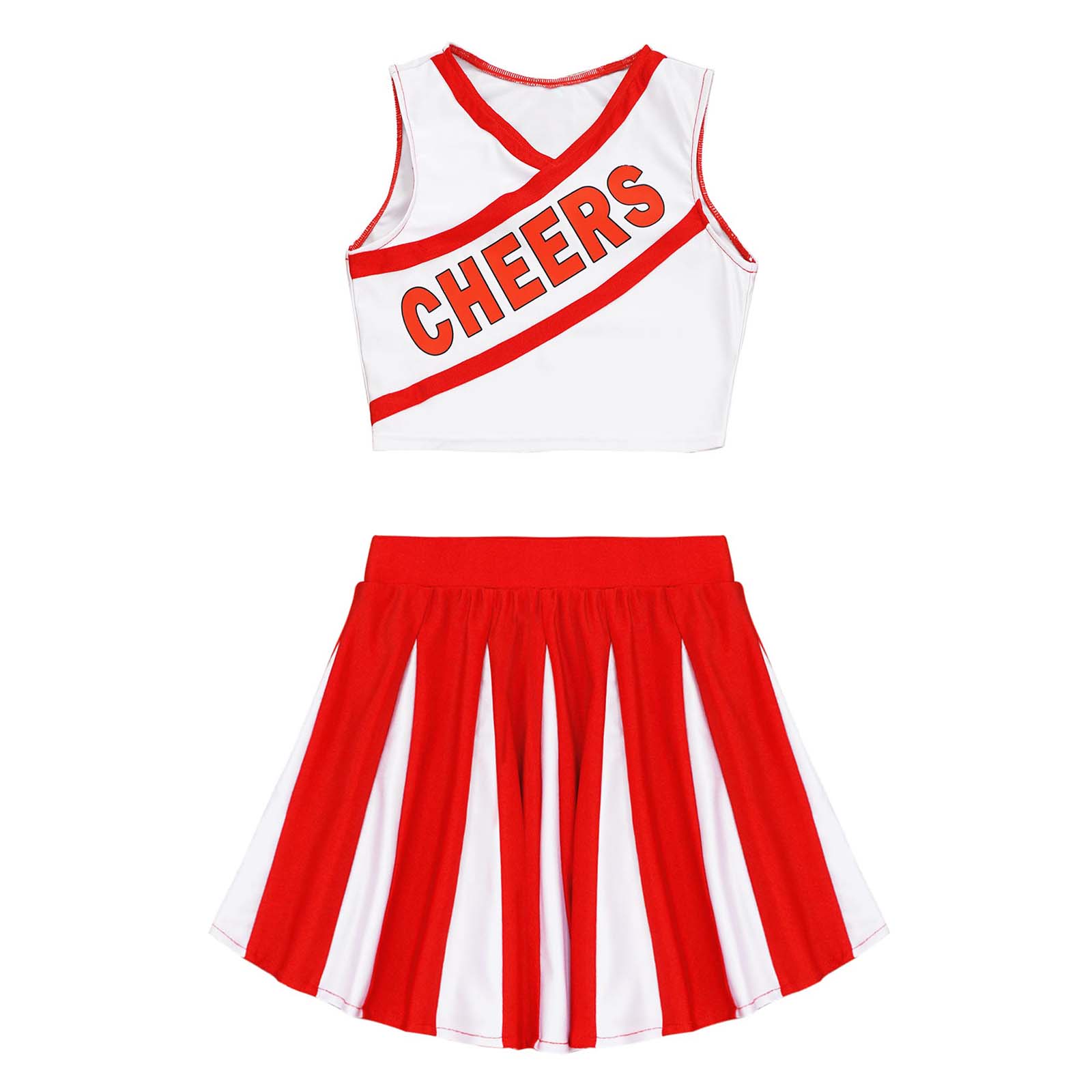 Kids Girls Cheerleading Clothes Set Dance Costume School Uniform V Neck Sleeveless Cheers Print Vest and Pleated Skirt Outfit: Red / 10