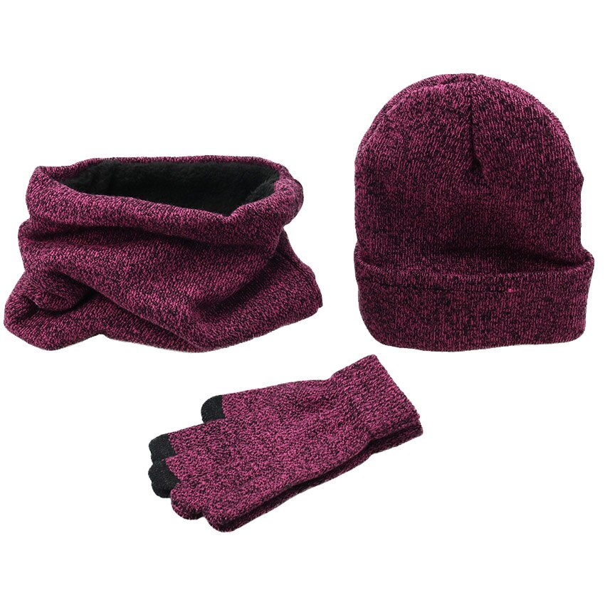 Kvinder vinterhuer tørklæder handsker kit strikket plus fløjlshue tørklædesæt til mandlige kvinder 3 stk/sæt huer tørklædehandske: Lilla