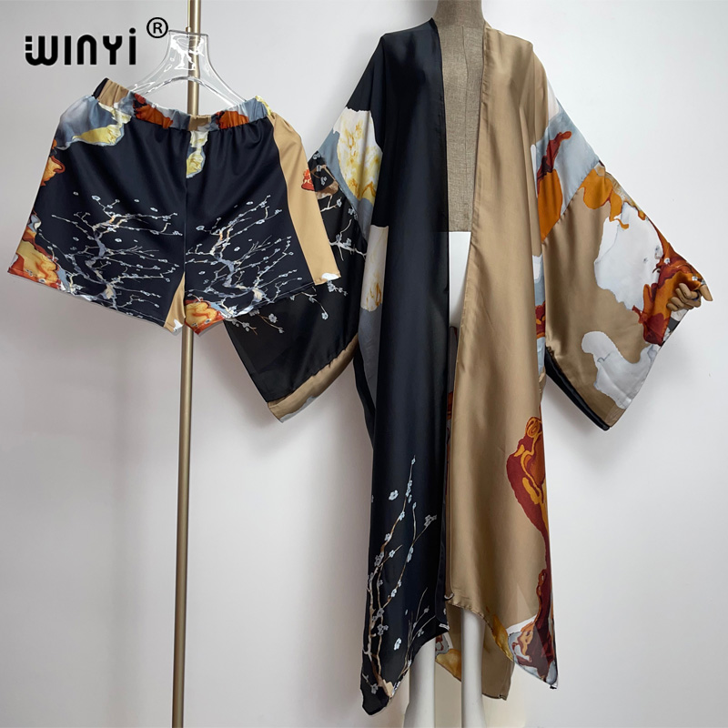 WINYI zwei-stück anzug Boho Gedruckt Über Größe V-ausschnitt langarm Kleid Frauen Seide gefühl Bodenlangen Neue kleid: Blau