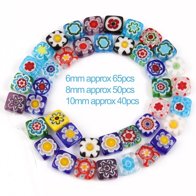Cuentas de cristal de Murano de flor Millefiori cuadradas mezcladas a la para hacer joyería, collar, pulsera, accesorios DIY 6 8 10mm: Plata