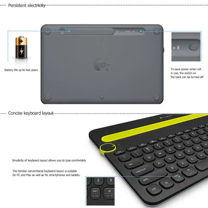 Logitech K480 Bluetooth Wireless Keyboard Multi-Device Keyboard with Phone Holder Slot for Windows Mac OS iOS Android