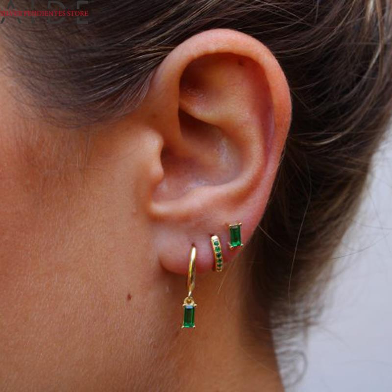 AIDE 3 piezas para mujer, Pendientes colgantes de circón verde, negro, blanco y púrpura, aros chapados en oro, joyería de