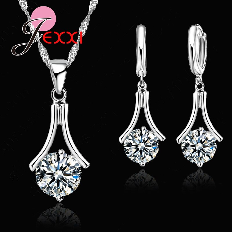 Simple Jewelry Set Women 925 Sterling Silver Wedding Anniversary Bijoux Necklace Earrings