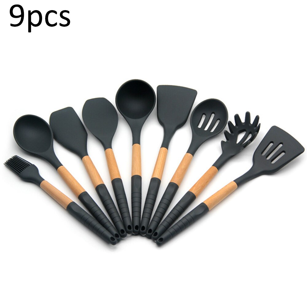 Boîte de rangement pour ustensiles de cuisine, cuillère à soupe en bois Silicone, spatule brosse, grattoir outils de cuisine noirs: 9PCS