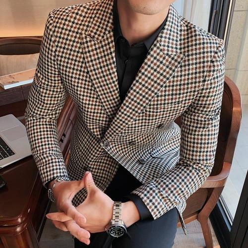 British Style Mens Slim Fit Houndstooth Blazer Men 2022 Simple Double Breasted Business Office Wedding Dress Suit Jacket: Light Brown / Asia 3XL 74 - 82KG
