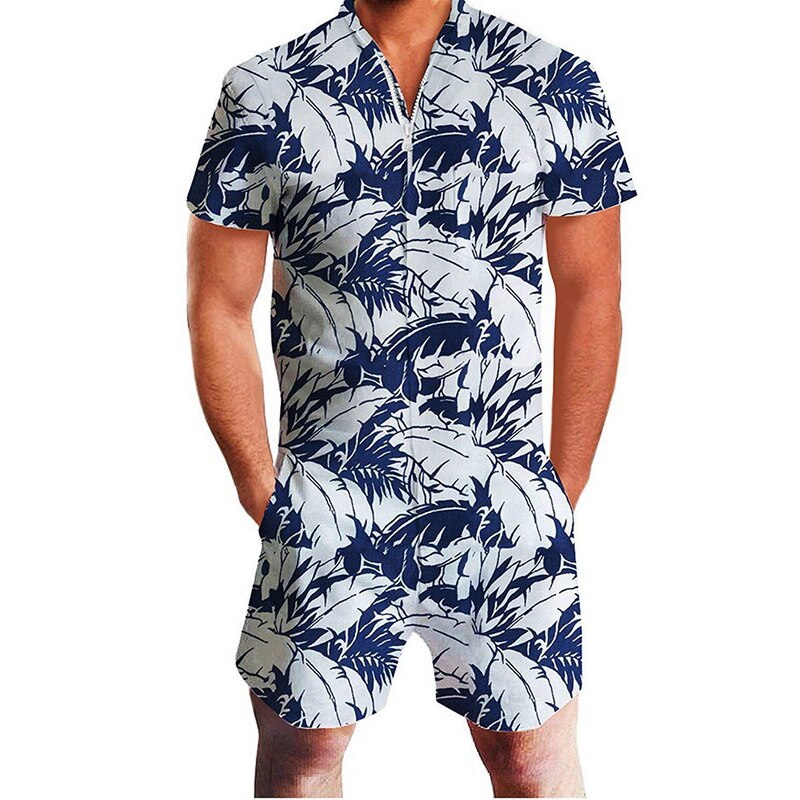 Mannen Jumpsuit Korte Mouw Sets Zomer Casual Button Jumpsuits Overalls Flamingo Pinapple Print Casual Kleding Mono Hombre