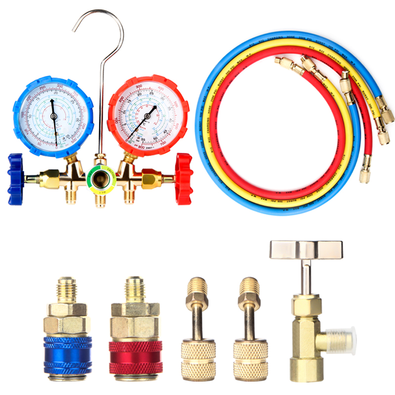 Air Conditioning Pressure Gauge with Hose and Hook 3 Way AC Diagnostic Manifold Gauge Set for Freon For R12 R22 R404A R134a: Orange