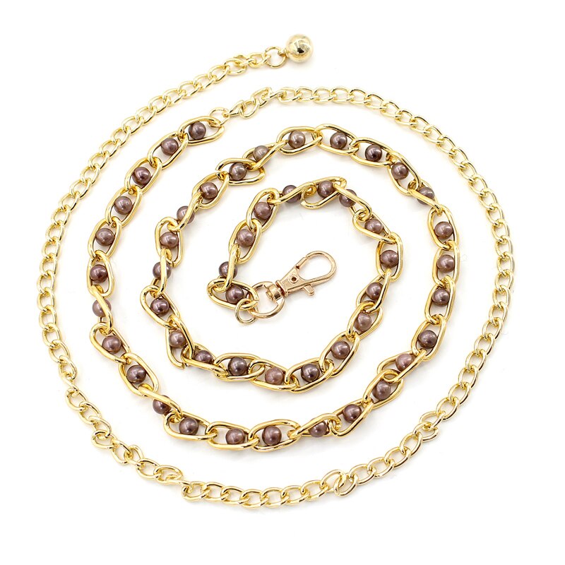 Cinturón de cadena de cintura estrecha con perlas de imitación para mujer, accesorios para vestido de tirantes, 9 colores: coffee