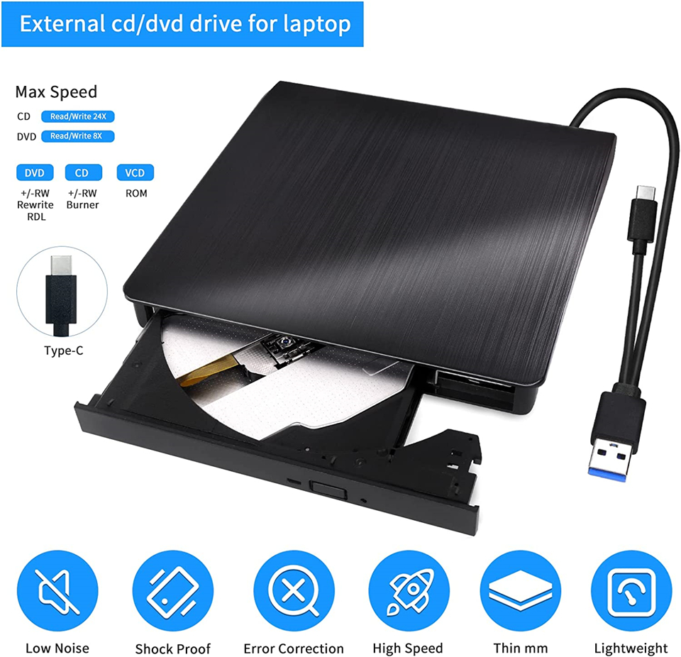 2 in 1 Type-C USB 3.0 External DVD Drive Reader Portable Ultra Slim DVD-RW CD Player Burner Writer Reader For Laptop Desktop PC