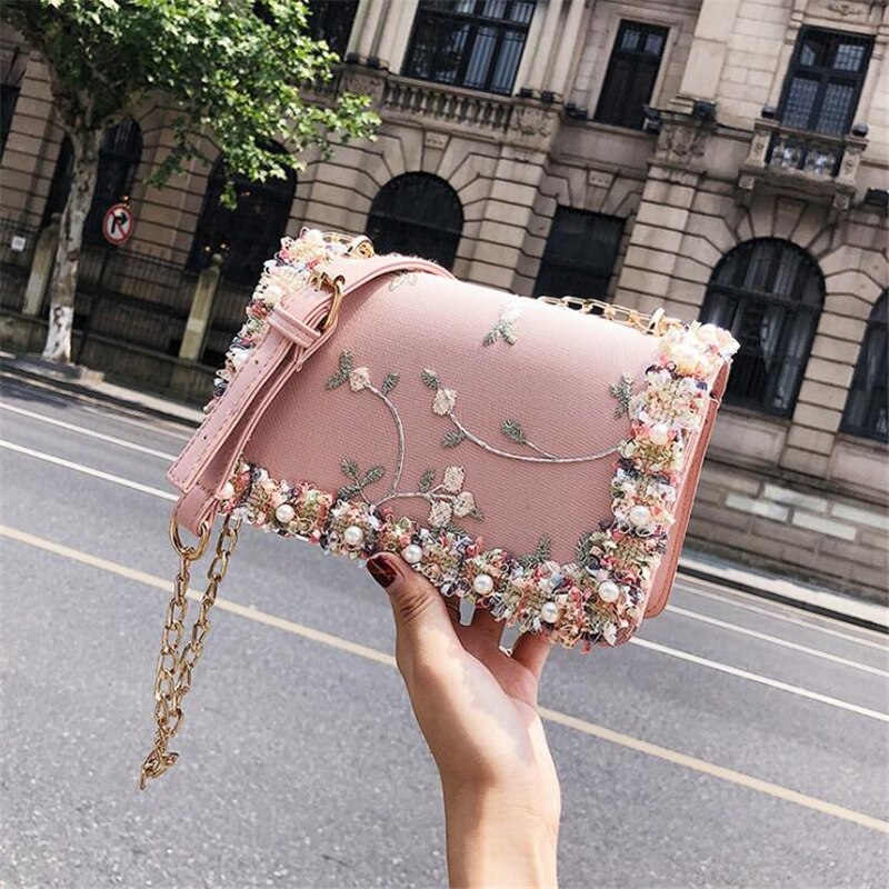 modisch Frauen Tasche mit Spitze Blume Handtasche PU Leder schick Blume Perle Mädchen Crossbody-tasche Kette Schulter Taschen Für weibliche