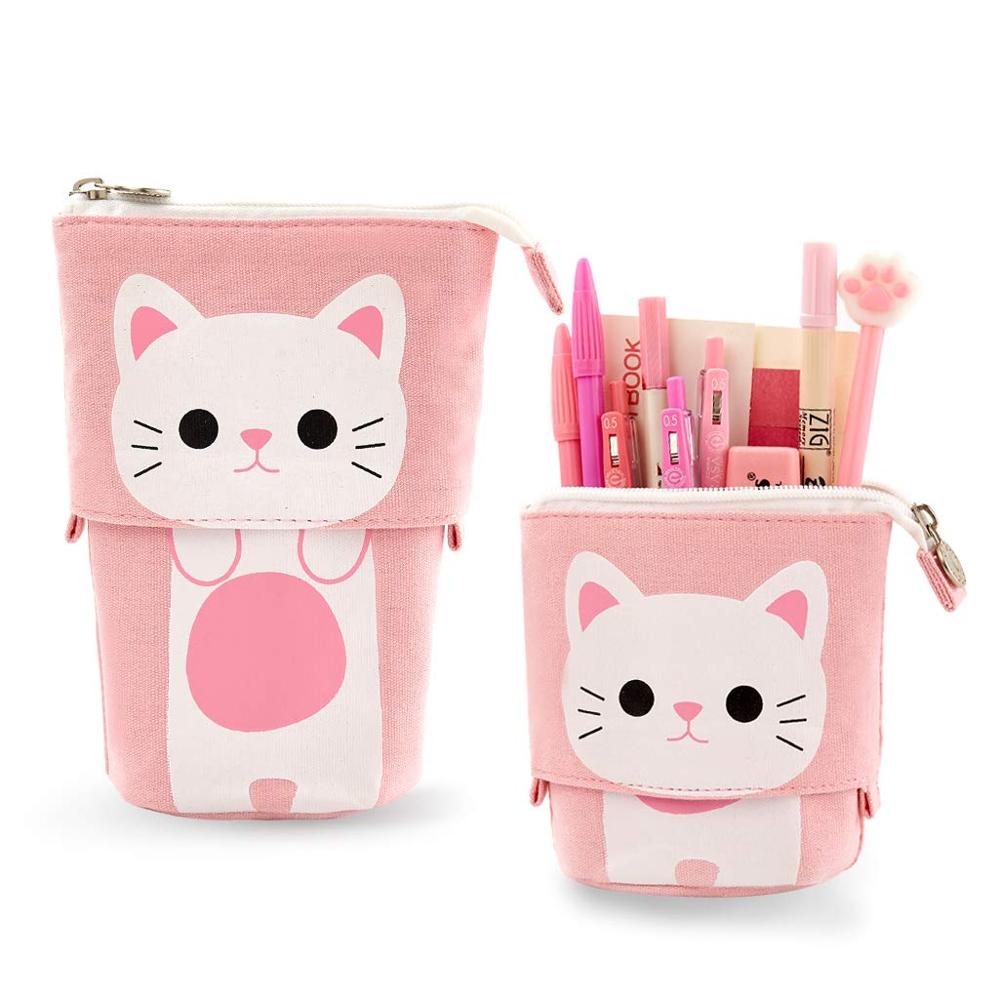 Eenhoorn Stand Up Potlood Houder Etui Pen Box Briefpapier Pouch Tas Schoolbenodigdheden Korea Briefpapier Pen Zak Student Organiz: cat pink