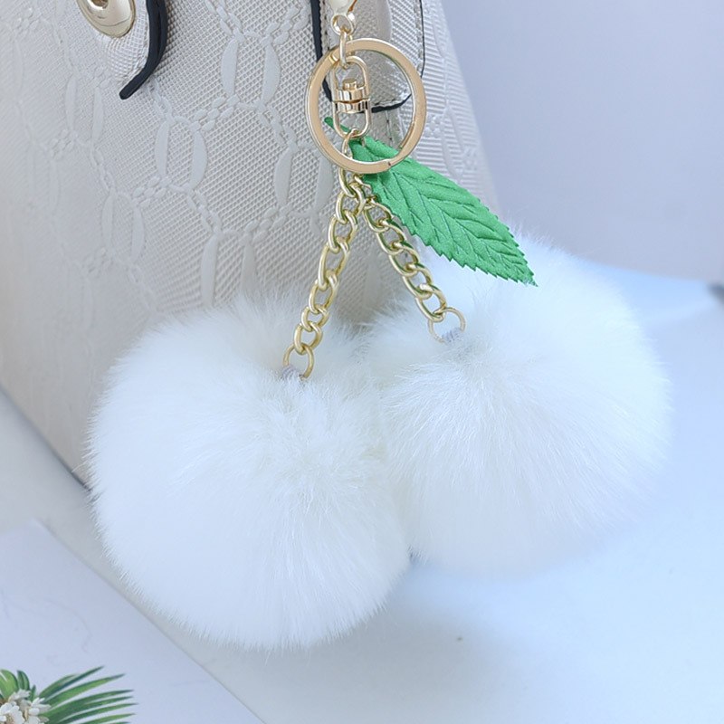 Leuke Pluizige Faux Konijnenbont Bal Pompom Sleutelhanger Cherry Gold Sleutelhanger Pom Pom Sleutelhanger Bag Charms Wedding trinket