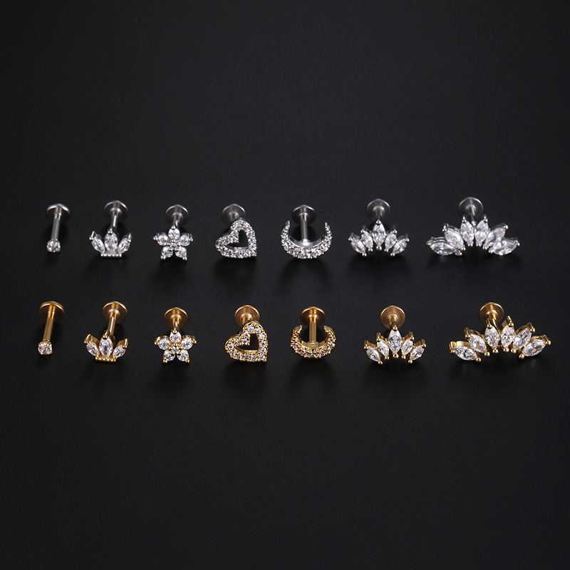 1 Pcs 16G Mode Crystal Oor Piercing Stud Ster Hart Bloem Kraakbeen Helix Schelp Schroef Terug Oorbellen Voor vrouw Sieraden
