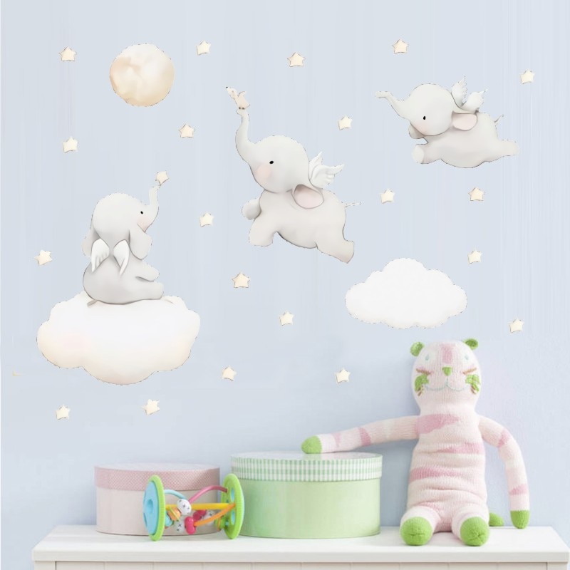 1Set Leuke Olifant Met Vleugels Muurstickers Zelfklevende Stickers Leuke Kids Baby Room Decor Muur Olifant Decortive stickers